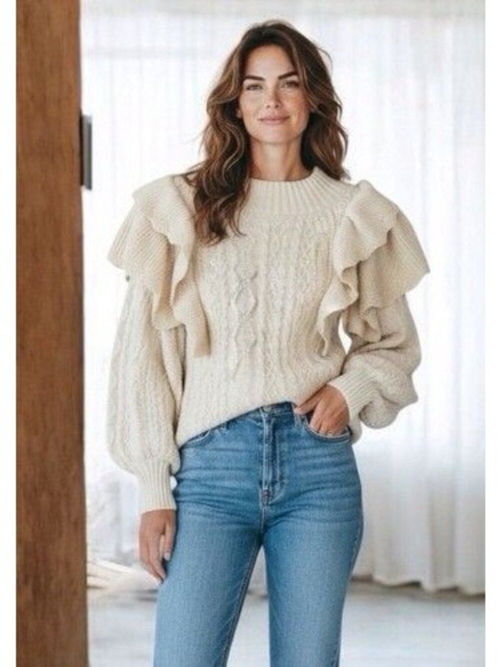 Listicle Sweater Women's Cream Cable Knit Puff Sleeve Ruffles Neutral Cozy M